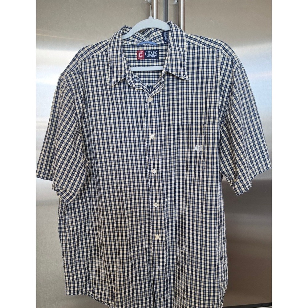 Chaps Mens XXL Short Sleeve Button Down Shirt Navy Yellow Plaid CTN preppy